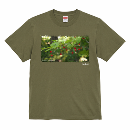 山野草 Tシャツ 【フウリンウメモドキ】（モスグリーン）